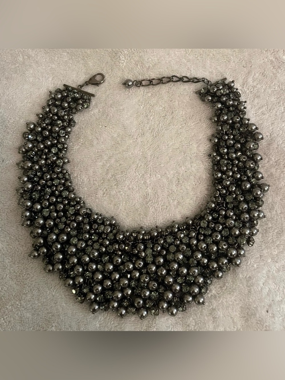 Gunmetal Gray Pearl Crystal Bib Necklace Statement Collar | Glam Evening Jewelry